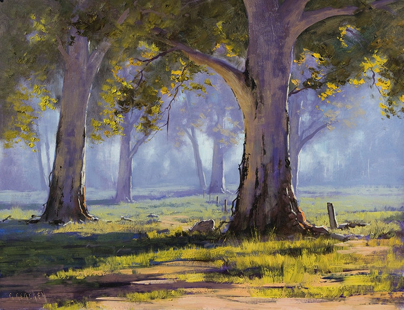 May include: A painting of a misty forest scene with tall trees and a dirt path leading into the distance. The trees are a light purple color with green leaves and the ground is a light green color.
