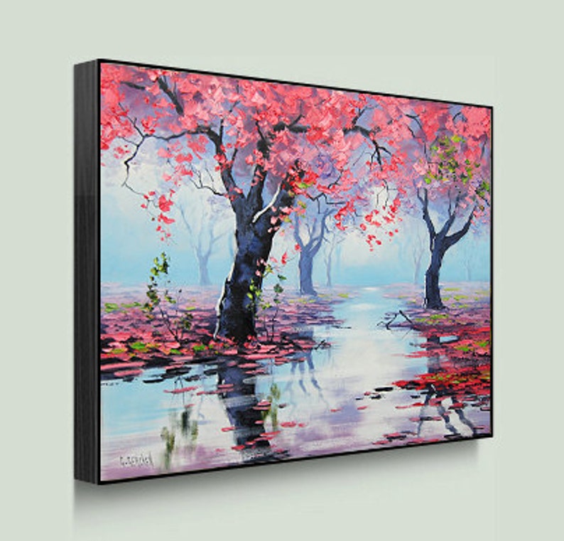 PINK WALL ART Decor Tree Paintings pink landscape Trees River Etsy