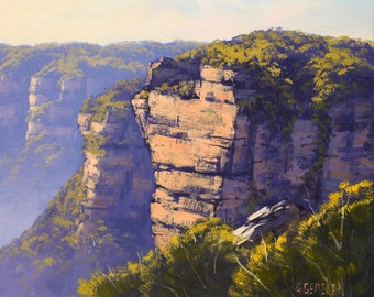 three sisters, blue mountains, grose valley, mountain landscape , morning light, cliffs , Australian painting, katoomba,