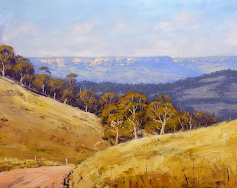 Landscape Painting, Gum trees , Kanimbla, summer landscape, original oil painting, blue mountains, country road,