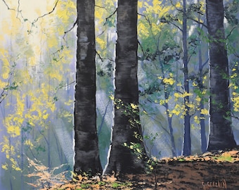 Enchanting Forest Trees: Original Impressionist Oil Painting by G. Gercken - Capturing Nature's Light - green yellow colors