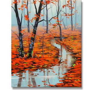 Red AUTUMN OIL PAINTING  Palette Knife fall trees impressionism Misty Art Deco by G.Gercken