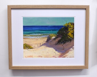 Sandy Australian beach dunes original framed oil painting impressionist seascape by Graham Gercken