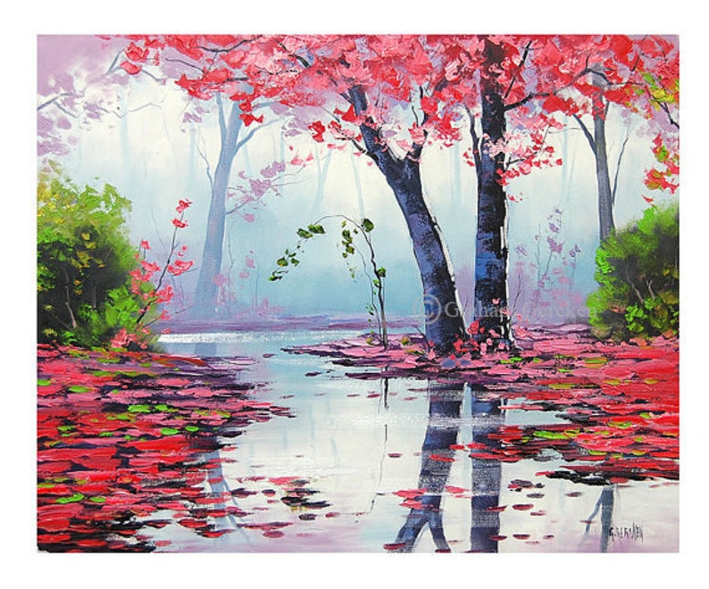 PINK WALL ART Decor Tree Paintings Pink Landscape Trees River Etsy