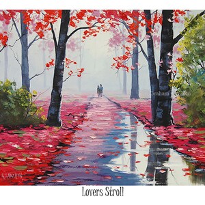 oil painting print, pink decor print, trees print, pink wall art, painting prints, download print, Lovers Stroll