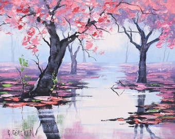 Framed Original Oil Painting : Pink blossom trees landscape - River reflections by Graham Gercken