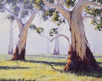 Eucalyptus trees, large landscape, Australian Landscape Painting, oil painting, trees  painting, gum trees, sheep, Graham Gercken