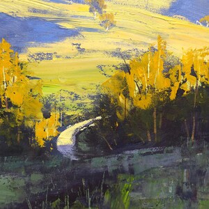 May include: A painting of a winding road leading through a forest with yellow trees in the foreground and a rolling green and yellow hillside in the background.