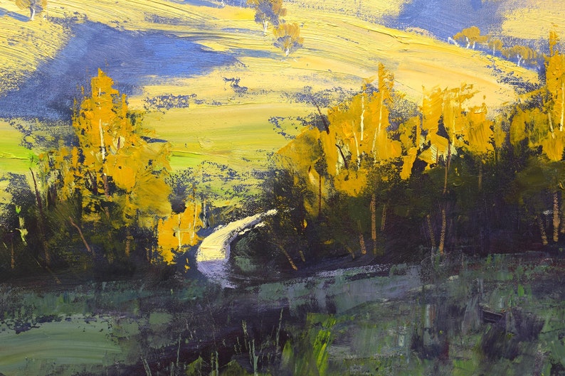 May include: A painting of a winding road leading through a forest with yellow trees in the foreground and a rolling green and yellow hillside in the background.