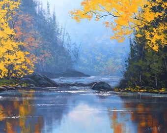 Original Oil landscape Painting Wilderness River with Fall Autumn trees by Graham Gercken