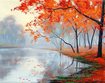 秋の風景　油絵　風景画 秋の風景 油彩画 油絵】【紅葉の川】#油絵 #手書き #アート