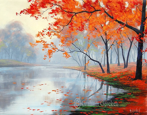 AUTUMN OIL PAINTING Lake Painting Contemporary Art Impressionist