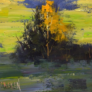 May include: A painting of a landscape with a single tree in the foreground. The tree has a yellow and green foliage and is set against a background of green and yellow fields. The artist's signature, "G. Gieriken", is visible in the bottom left corner of the painting.