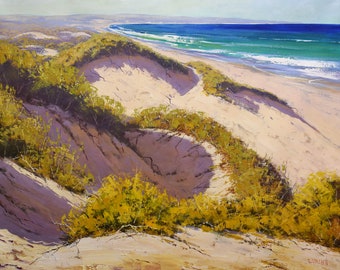 Beach Paintings, beach dunes, sand dunes, Original oil painting,  coastal seascape, beach scene, turquoise water, ocean coast large