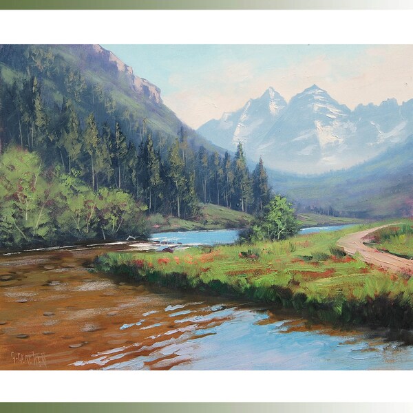 MÅLNING av Moroon Bells, Bergsmålning, bergslandskap, bergsbäck, klippiga berg, av G. Gercken