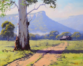 Eucalyptus trees , Australian Landscape Painting, oil painting, trees  painting, gum trees, farm house by Graham Gercken