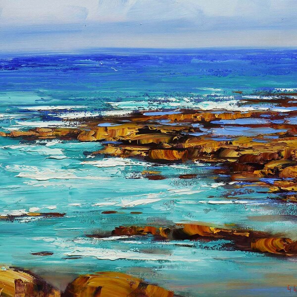 Beach Painting, waves rocks turquoise Original Seascape Impressionist Ocean Wall Art