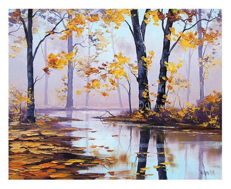 AUTUMN TREES PAINTING Autumn Painting Yellow Art Decor River | Etsy