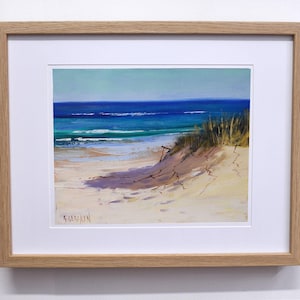Framed Beach Sand Dunes Oil Painting – Sunny Coastal Landscape, Impressionist Original Wall Art, Ocean Seascape Decor