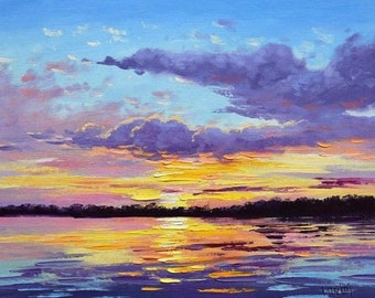 SUNSET Pintura al óleo, amanecer. océano de puesta de sol, nubes de puesta de sol, puesta de sol colorido, pintura original de la puesta de sol