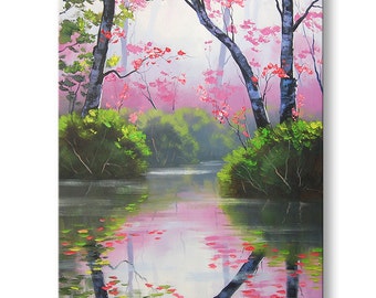 PINK WALL DECOR Original oil Painting River Landscape fine art by  Graham Gercken