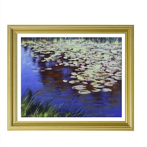 Original Oil Painting Lily Pond Art - Water Lilies & Lily Pads Wall Decor - Impressionist Floral Landscape Canvas Artwork