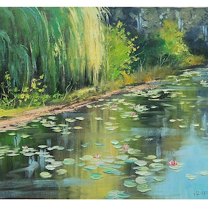 LILY POND PAINTING impressionist Paintings Original Oil Landscape by listed artist  Graham Gercken