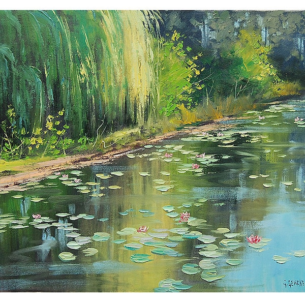 LILY POND PAINTING Pinturas impressionistas Paisagem a óleo original do artista listado Graham Gercken