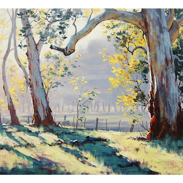 PINTURA DE ÁRVORES Pintura a óleo ORIGINAL Eucaliptos australianos Paisagem de ovelhas por G.Gercken
