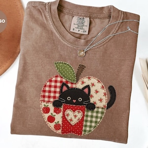 Faux Patchwork Black Cat Apple Teacher Shirt, Faux Embroidery Comfort Colors Tee