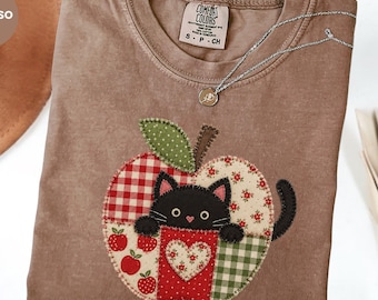 Faux Patchwork Black Cat Apple Teacher Shirt, Faux Embroidery Comfort Colors Tee