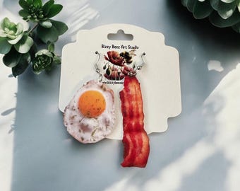 Bacon and Eggs Earrings, 2D Thin Earrings, Printed on a Single Side, Fun, Cute, Gift Idea, Stocking Stuffer, Foodie, Bacon, Egg, Earrings