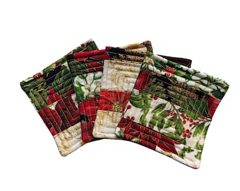 Gold-Stitched Christmas Patchwork Quilted Coasters