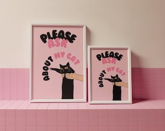 Pink Cat Wall Print Black Cat Wall Art Cat Lover Gift Digital Download Prints Funky Wall Art Cat Lady Downloadable Prints