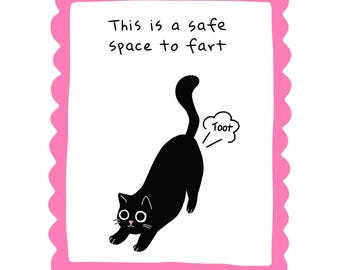 Safe Space To Fart, Digital Download, Hand Drawn Print, Funny Cat Wall Art, Black Cat Print, Cat Doing Things, Humours Wall Art, Funny Gift