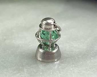 Sterling Silver Charm Green Lantern - Vintage Bracelet Charm Pendant, Green Glass Bead