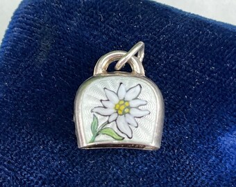 800 Silver Ringing Bell Charm - Guilloche Enamel Edelweiss Flower Petite Swiss Cow Bell Vintage Bracelet Charm