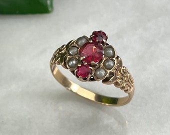 Antique Garnet Ring - 10k Gold, Seed Pearl Statement Ring January Birthstone Jewelry, Estate Jewelry Size 7