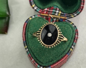 Ring van onyx en helder glas - 10k gouden vintage ringen voor fijne sieraden voor dames, maat 5 3/4