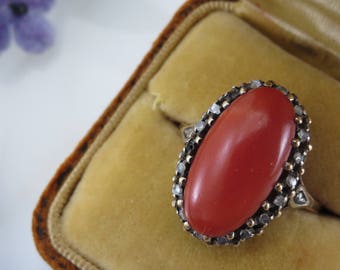 Antique 18k Red Coral and Diamond Ring – Bold Statement Solitaire – Size 7.5
