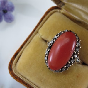 Antique 18k Red Coral and Diamond Ring – Bold Statement Solitaire – Size 7.5