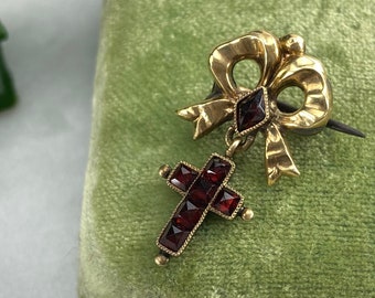 Bohemian Garnet and 14k Gold Bow and Cross Brooch