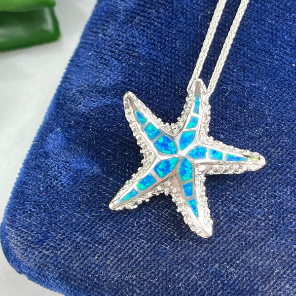 Sterling Silver and Faux Blue Opal Starfish Pendant Necklace