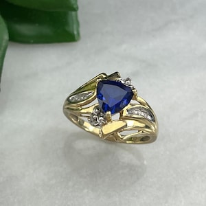 Blue Sapphire and Diamond Ring - 10k Gold Ring Size 7 Vintage Rings for Women September Birthstone Sapphire Jewelry