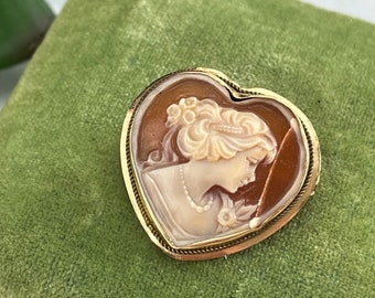 14k Gold Heart Cameo Necklace Pendant or Brooch - Fine Jewelry Filigree Woman with Flowers Cameo Jewelry