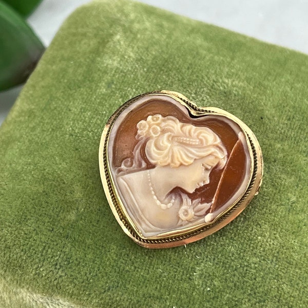 14k Gold Heart Cameo Necklace Pendant or Brooch - Fine Jewelry Filigree Woman with Flowers Cameo Jewelry