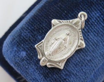 Vintage White Enamel Miraculous Mary Medal - Silver Tone Catholic Charm ...