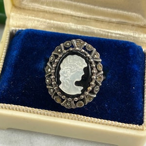 Black Glass Cameo Ring - Sterling Silver and Marcasite Trending Jewelry Vintage Statement Rings for Women AS IS