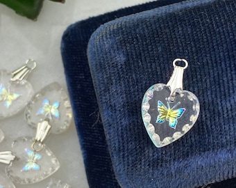 Glass Butterfly Heart Pendant - Reverse Intaglio, Pale Iridescent Finish ONE PIECE
