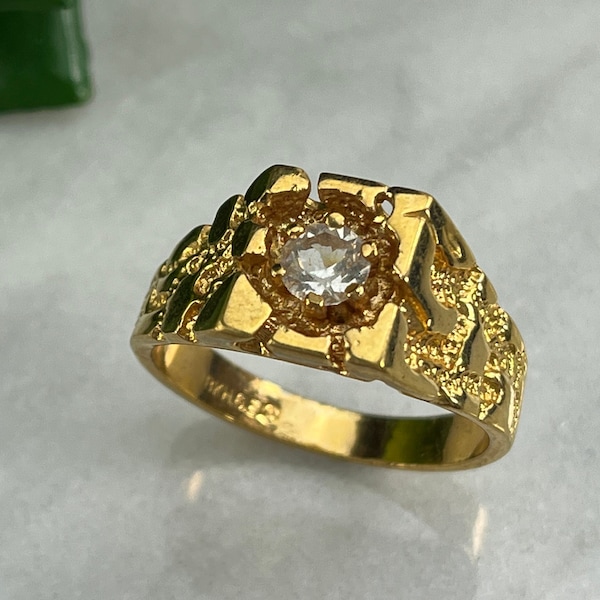 Mens Jewelry Gold Nugget Ring - Old Stock, 18k Gold Plated and Fake Diamond Statement Ring Costume Jewelry Rings for Men Size 12 3/4